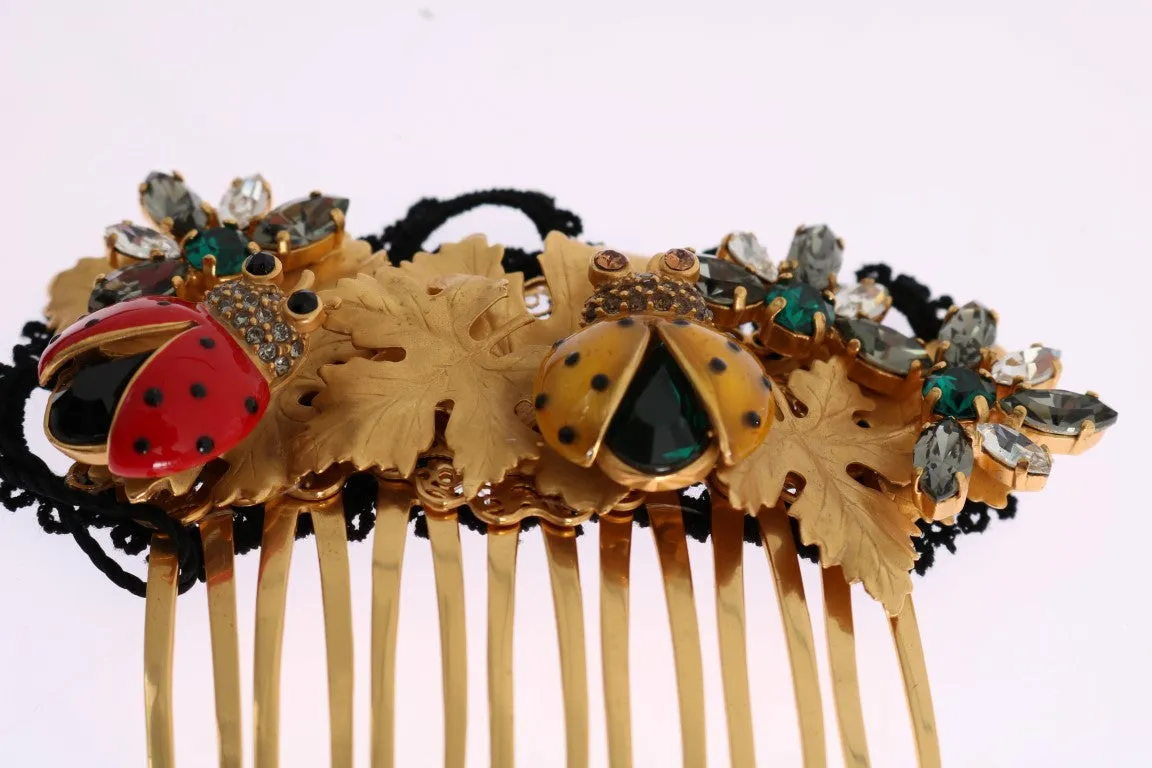 Gold Crystal Ladybug Floral Hair Comb