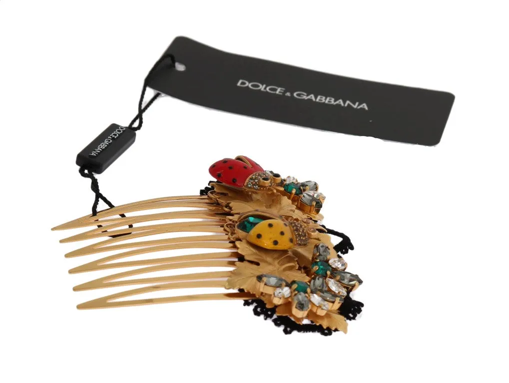 Gold Crystal Ladybug Floral Hair Comb