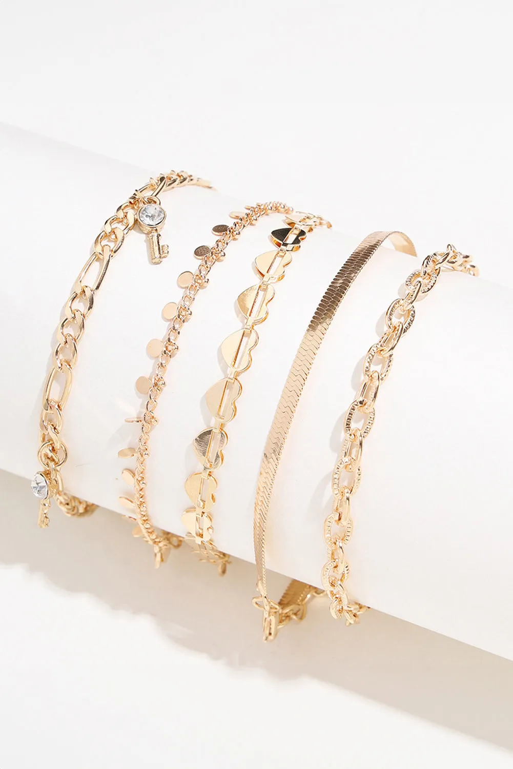 Gold Sweet Heart Rhinestone Dangle 5-piece Anklets
