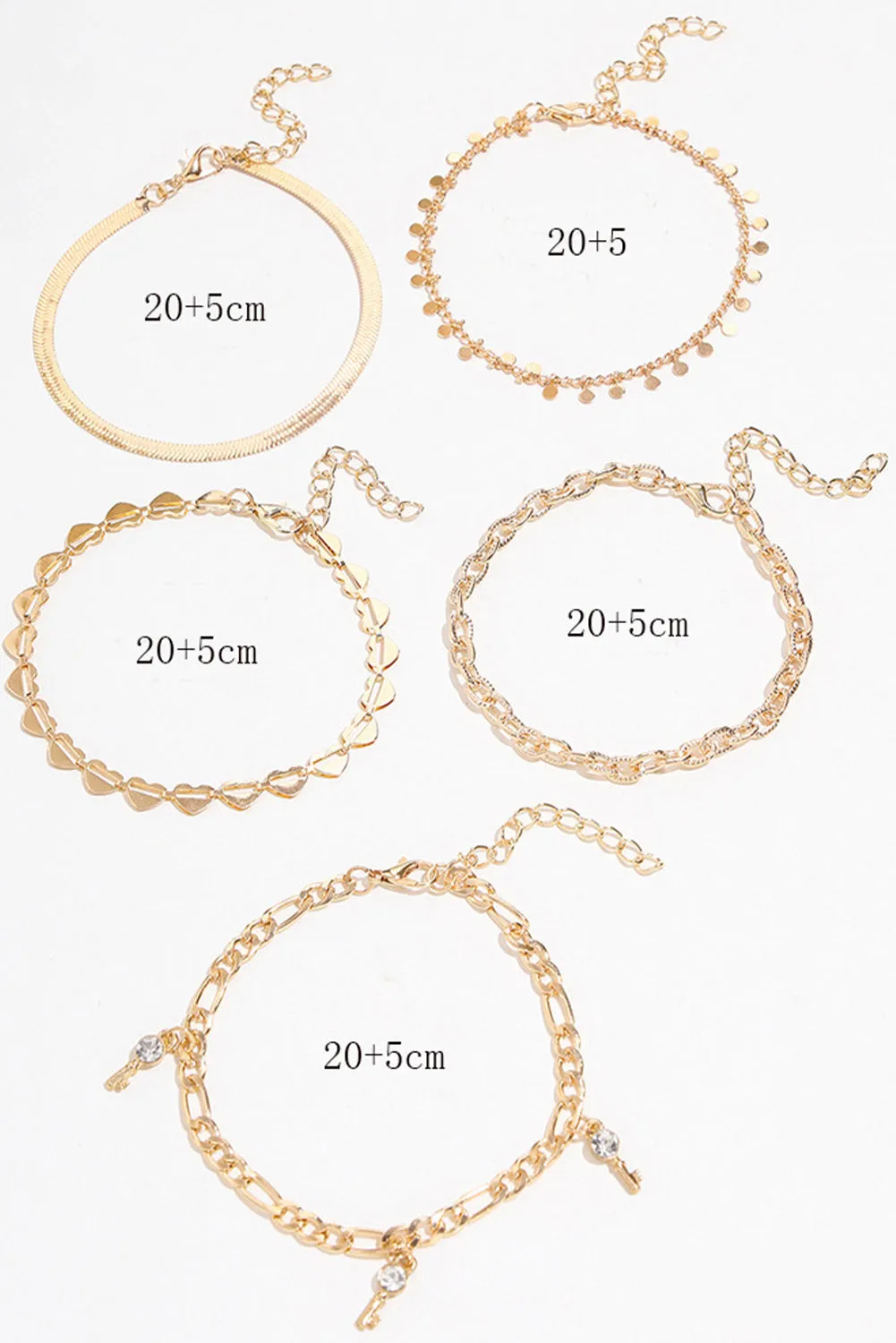 Gold Sweet Heart Rhinestone Dangle 5-piece Anklets