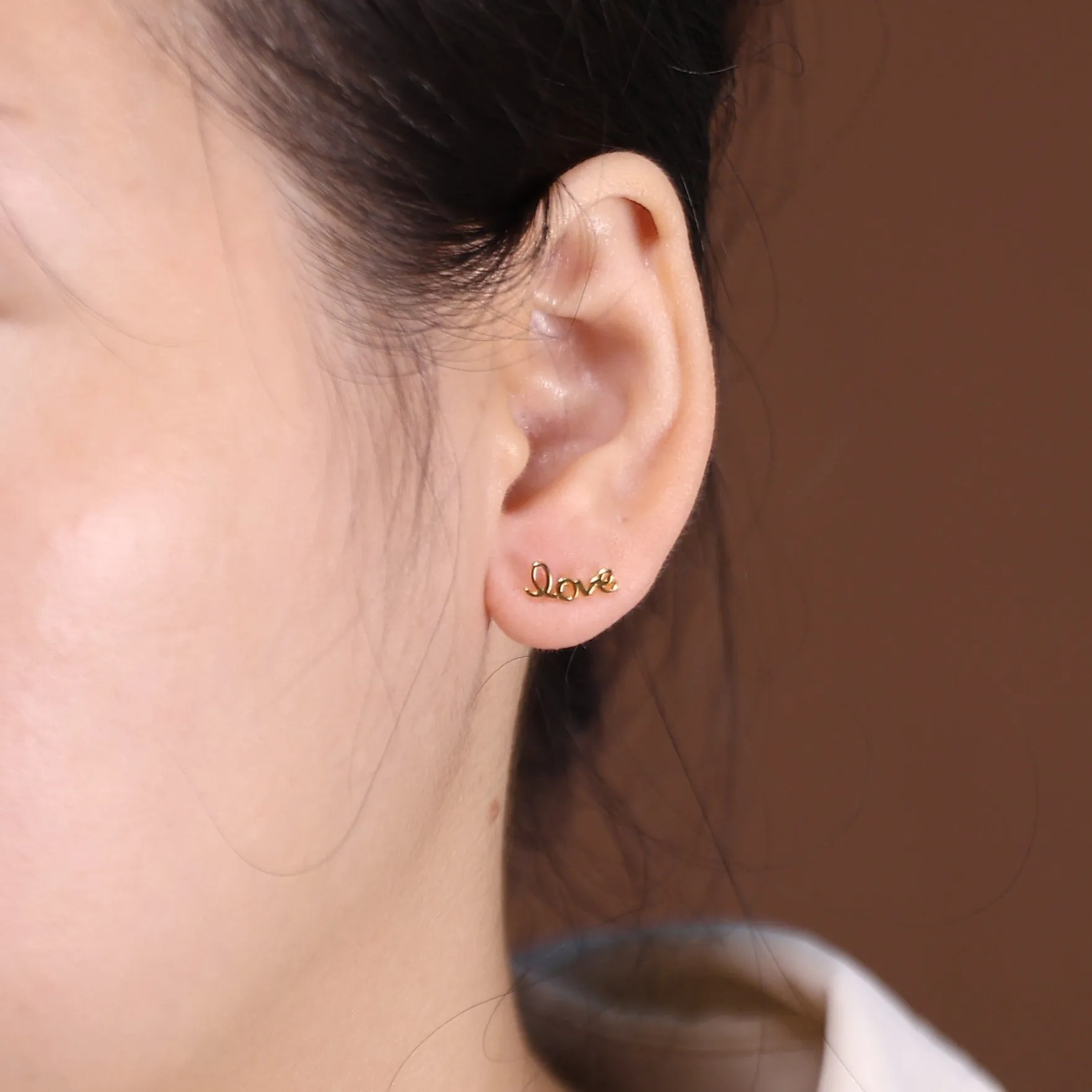 Inspirational Love Script Stud Earrings for Girlfriend 14K Gold Sterling Silver