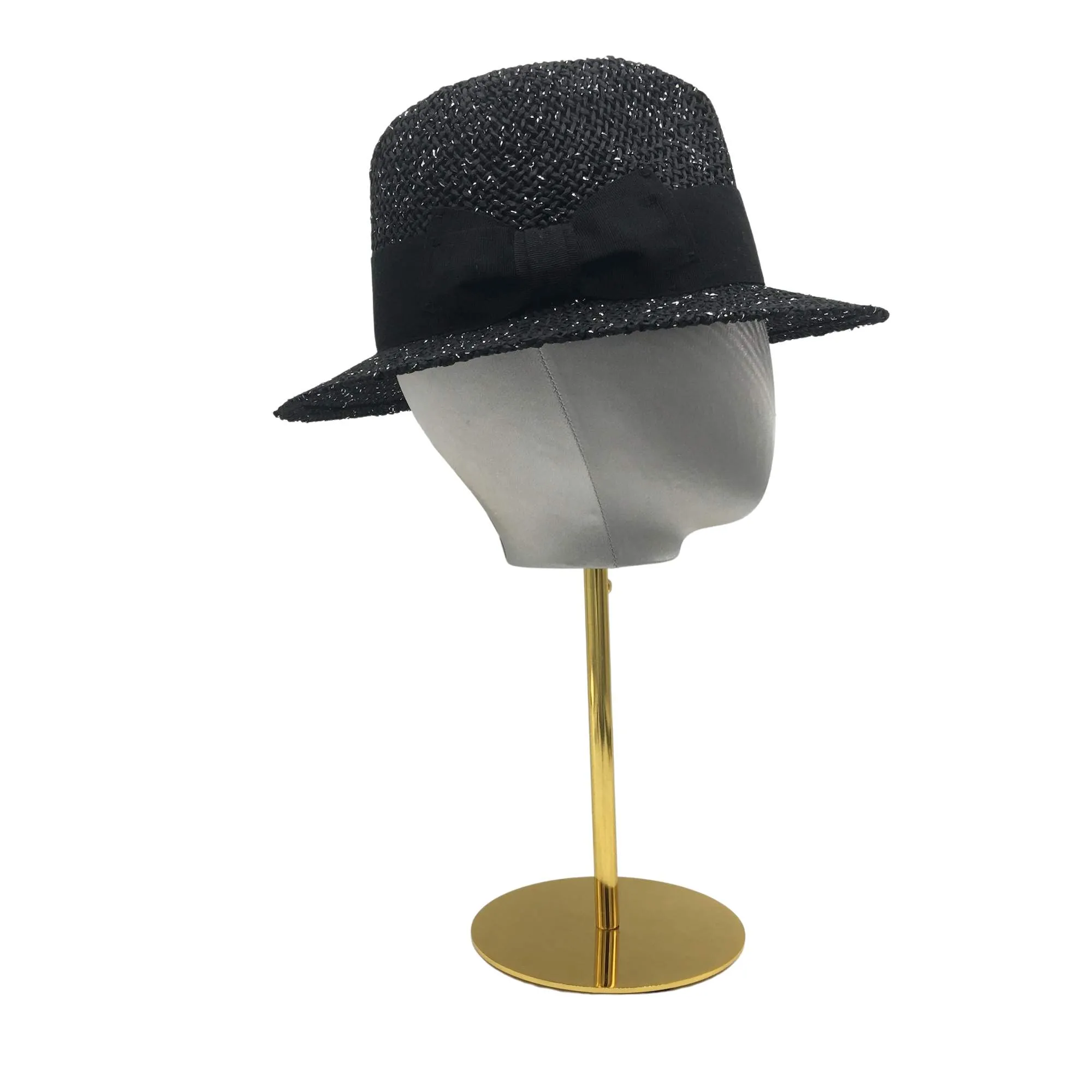 Men's style Black&Silver straw Fedora with bow Stylish Summer Hat