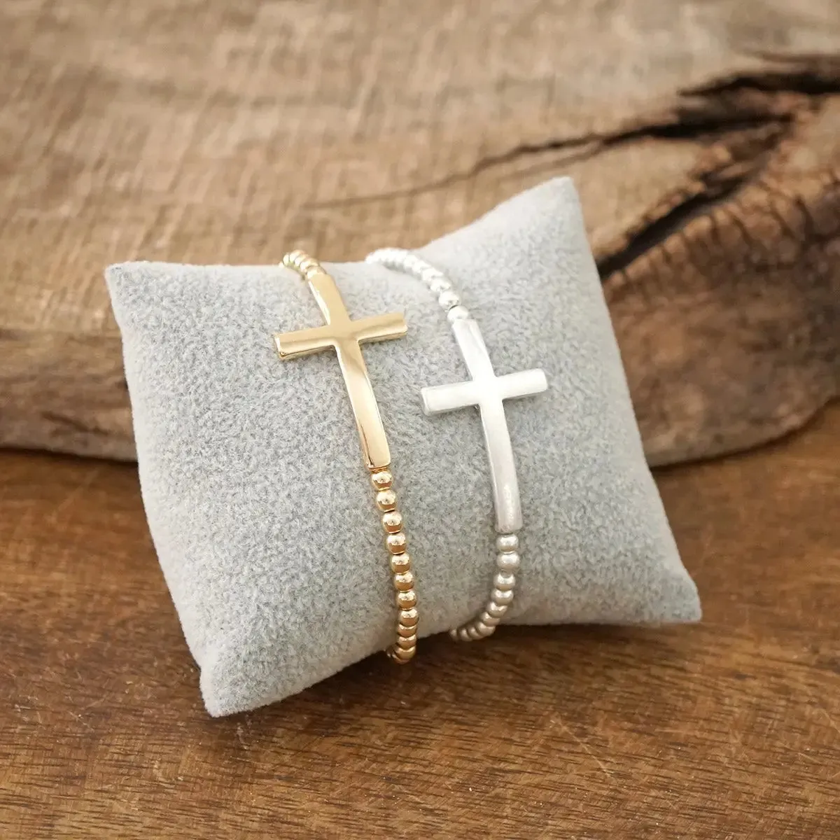 Minimal Cross Ball Beads Stretchy Bracelet - Gold and Silver