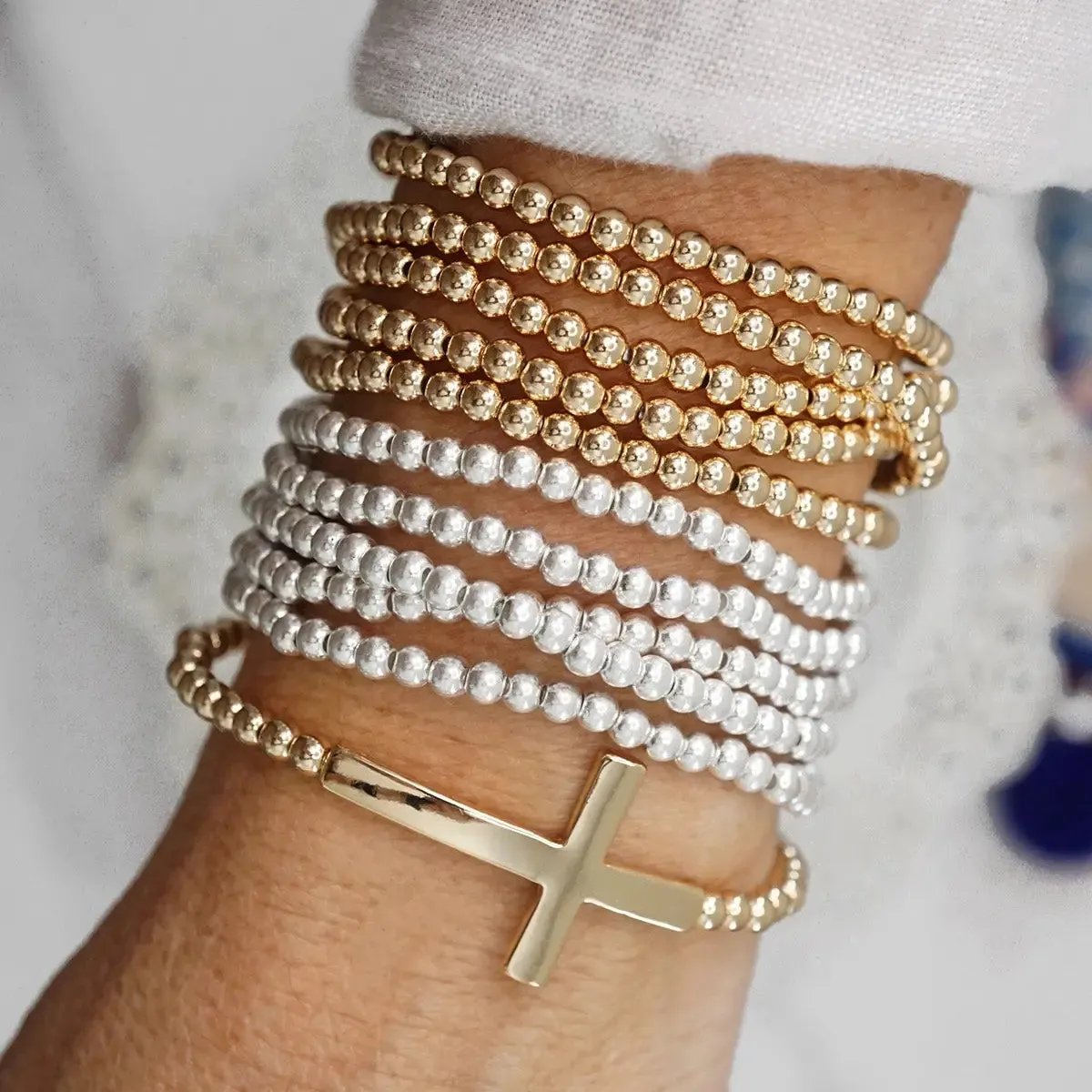 Minimal Cross Ball Beads Stretchy Bracelet - Gold and Silver