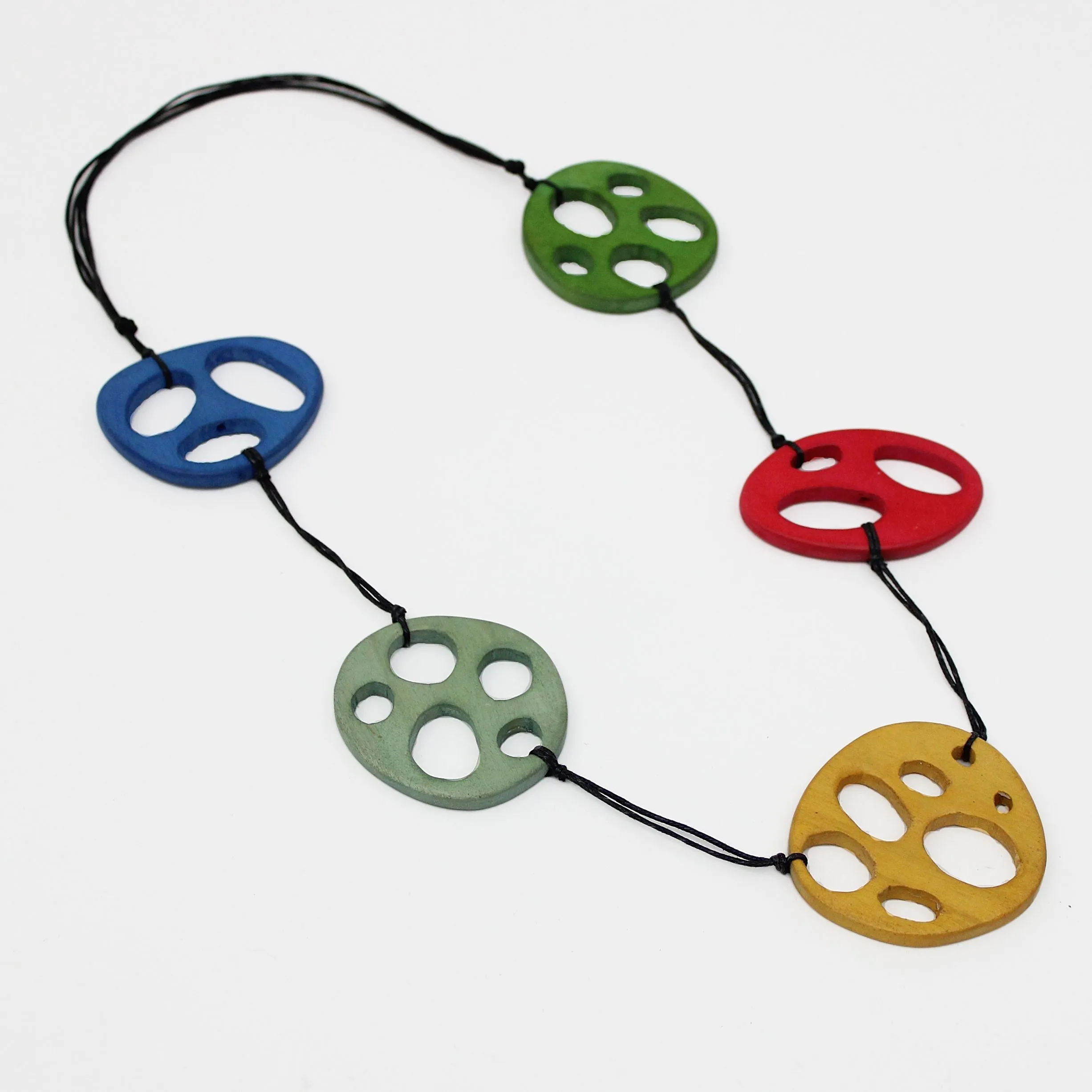 Multi Color Geometric Wood Dahlia Statement Necklace