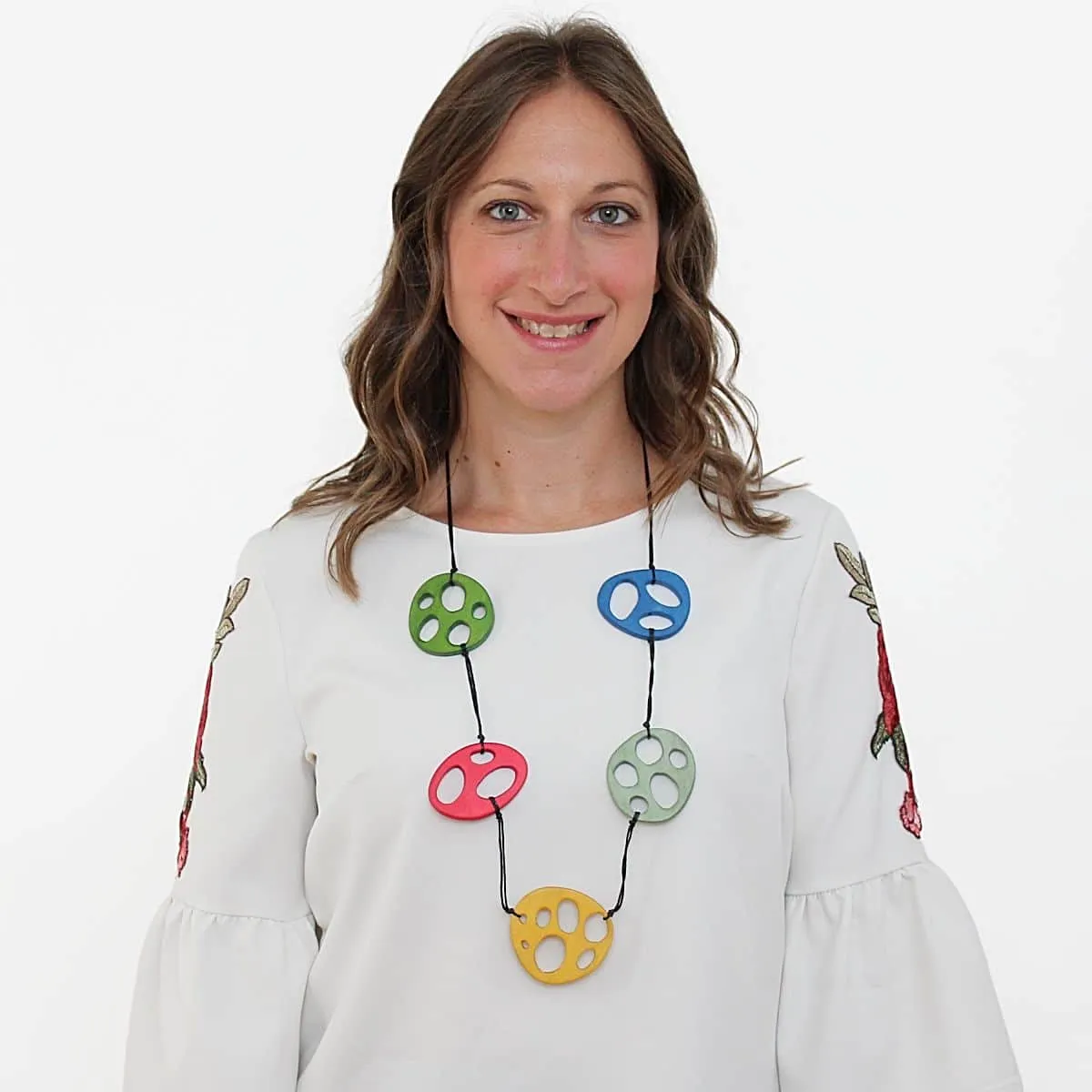 Multi Color Geometric Wood Dahlia Statement Necklace