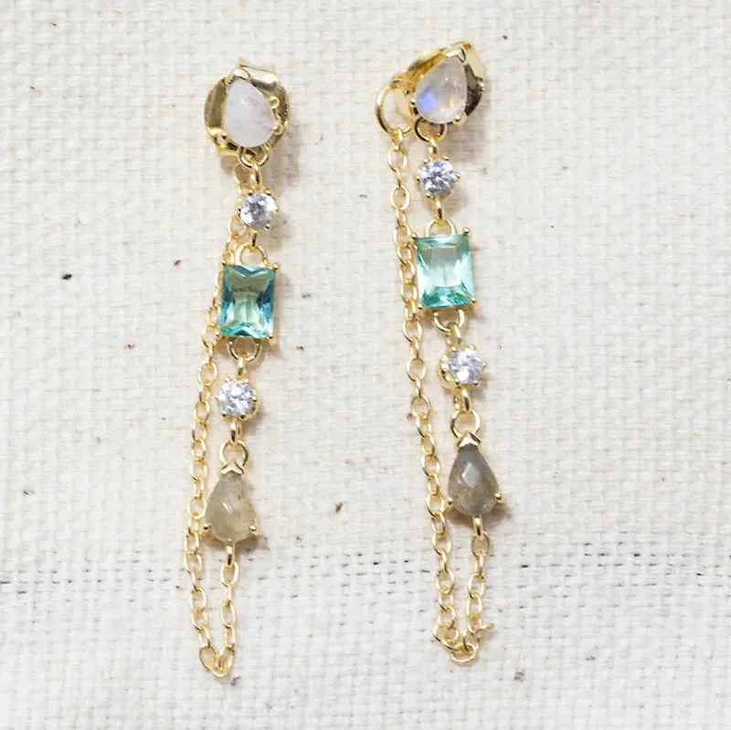 Native Gem Droplet Earrings 14kgv - Paraiba CZ & Labradorite