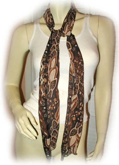 New Vintage Y2K 90s Scarf Scarves 65in X 6.5in Foliage/Floral Print Brown Preppy