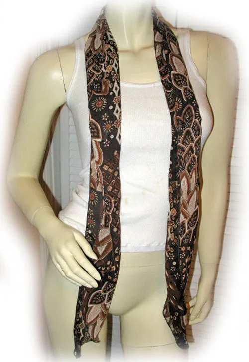 New Vintage Y2K 90s Scarf Scarves 65in X 6.5in Foliage/Floral Print Brown Preppy