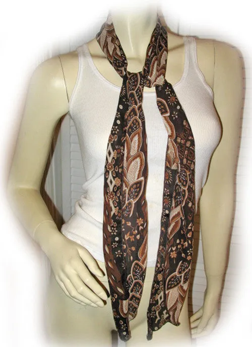 New Vintage Y2K 90s Scarf Scarves 65in X 6.5in Foliage/Floral Print Brown Preppy
