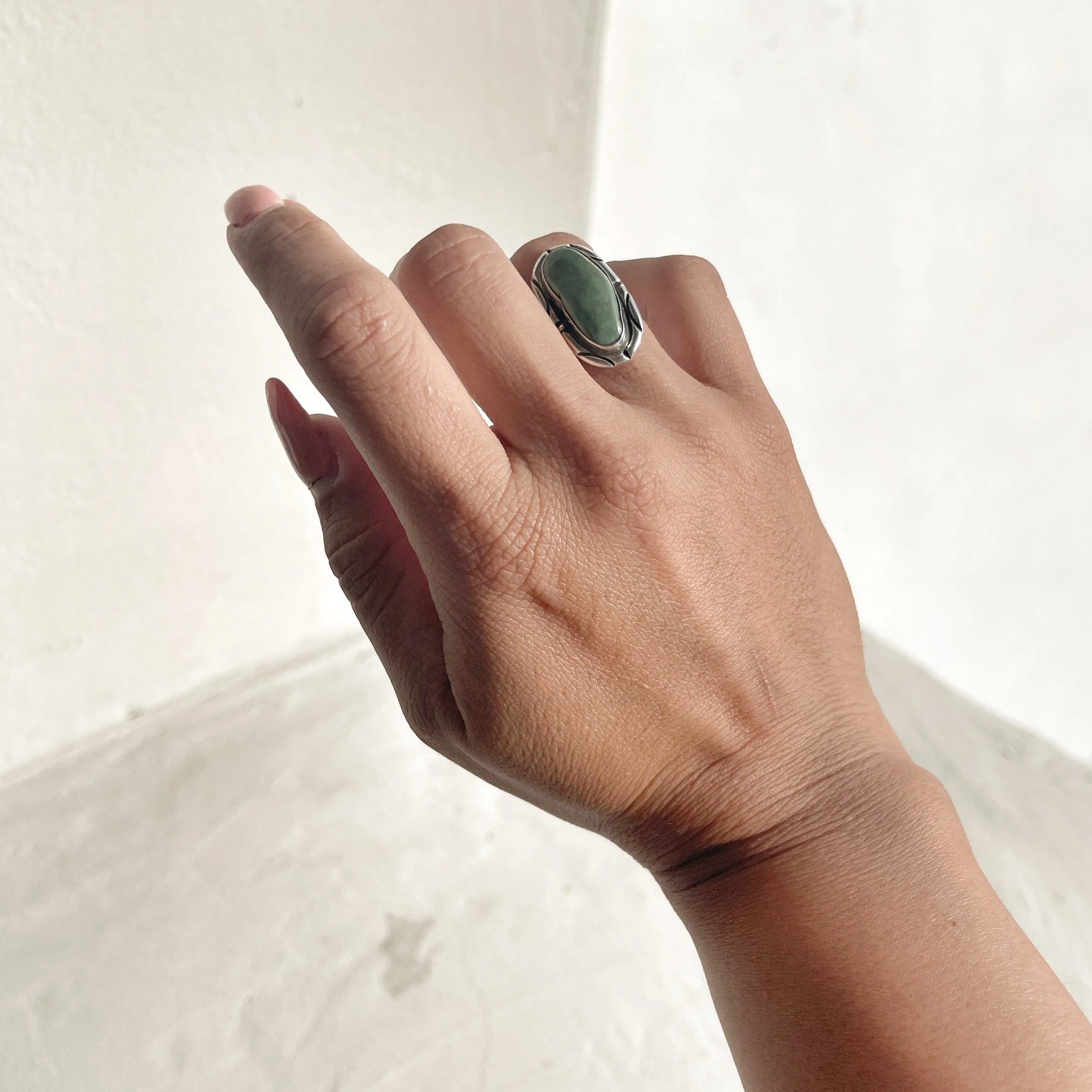Oblong Handcrafted 980 Silver Turquoise Ring