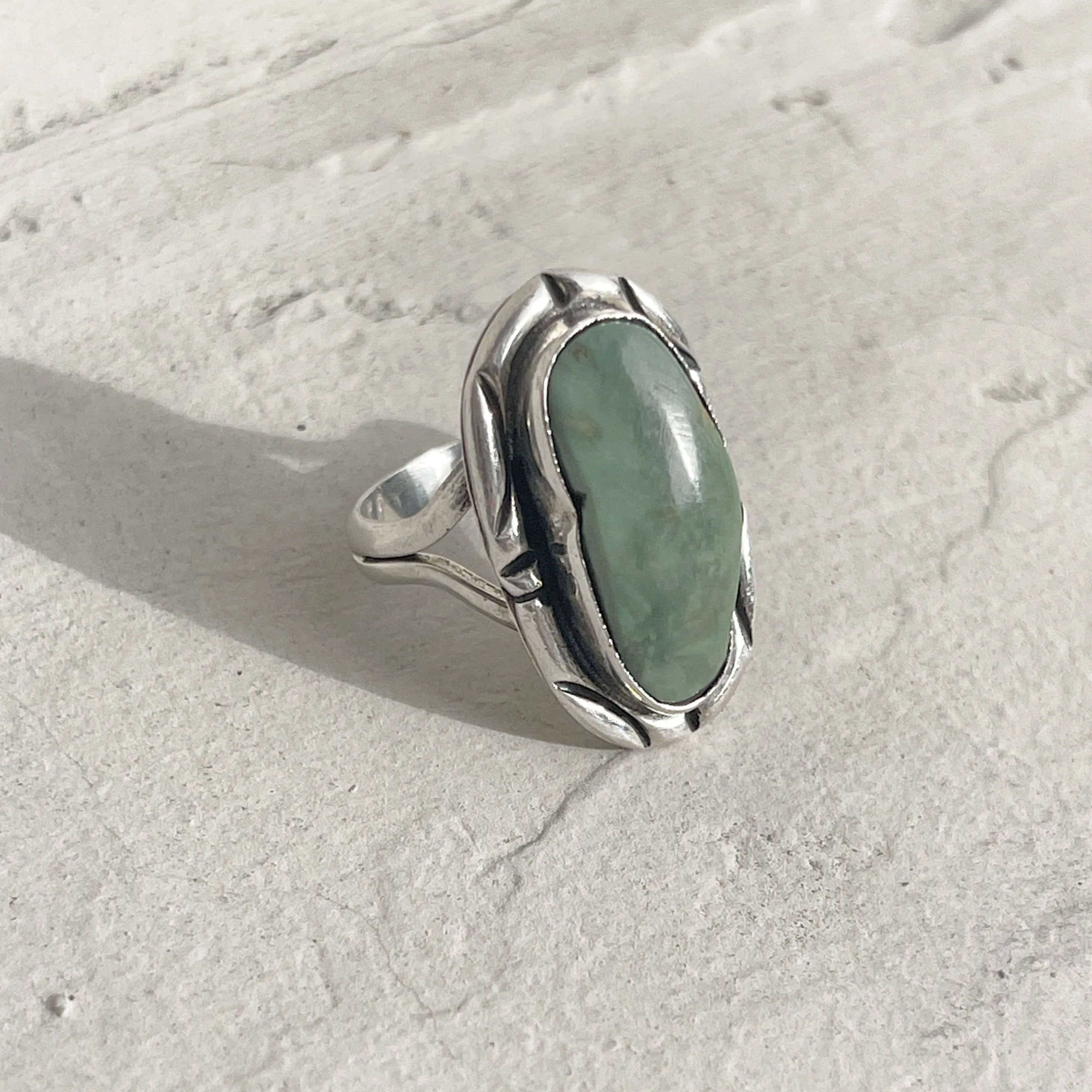 Oblong Handcrafted 980 Silver Turquoise Ring