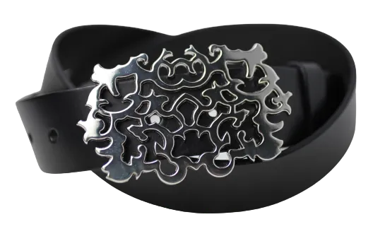 Polished Silver Tribal Buckle 1 1/2 Inch Leather Belt