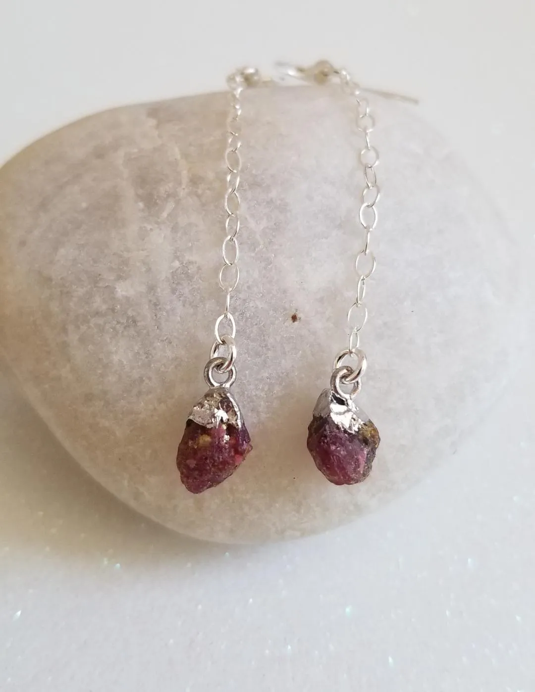 Raw Ruby Earrings, Delicate Gold or Silver Earrings, Long Boho Earrings