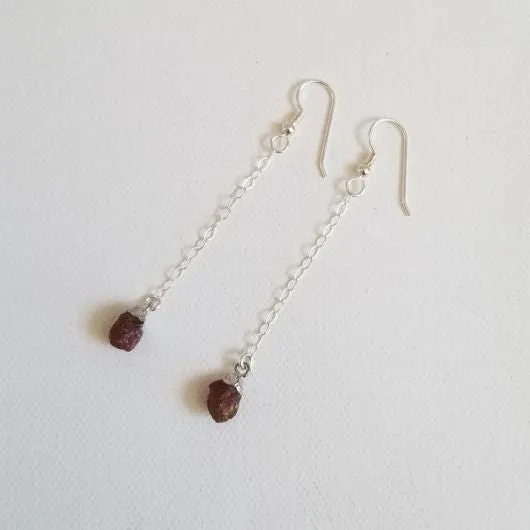 Raw Ruby Earrings, Delicate Gold or Silver Earrings, Long Boho Earrings