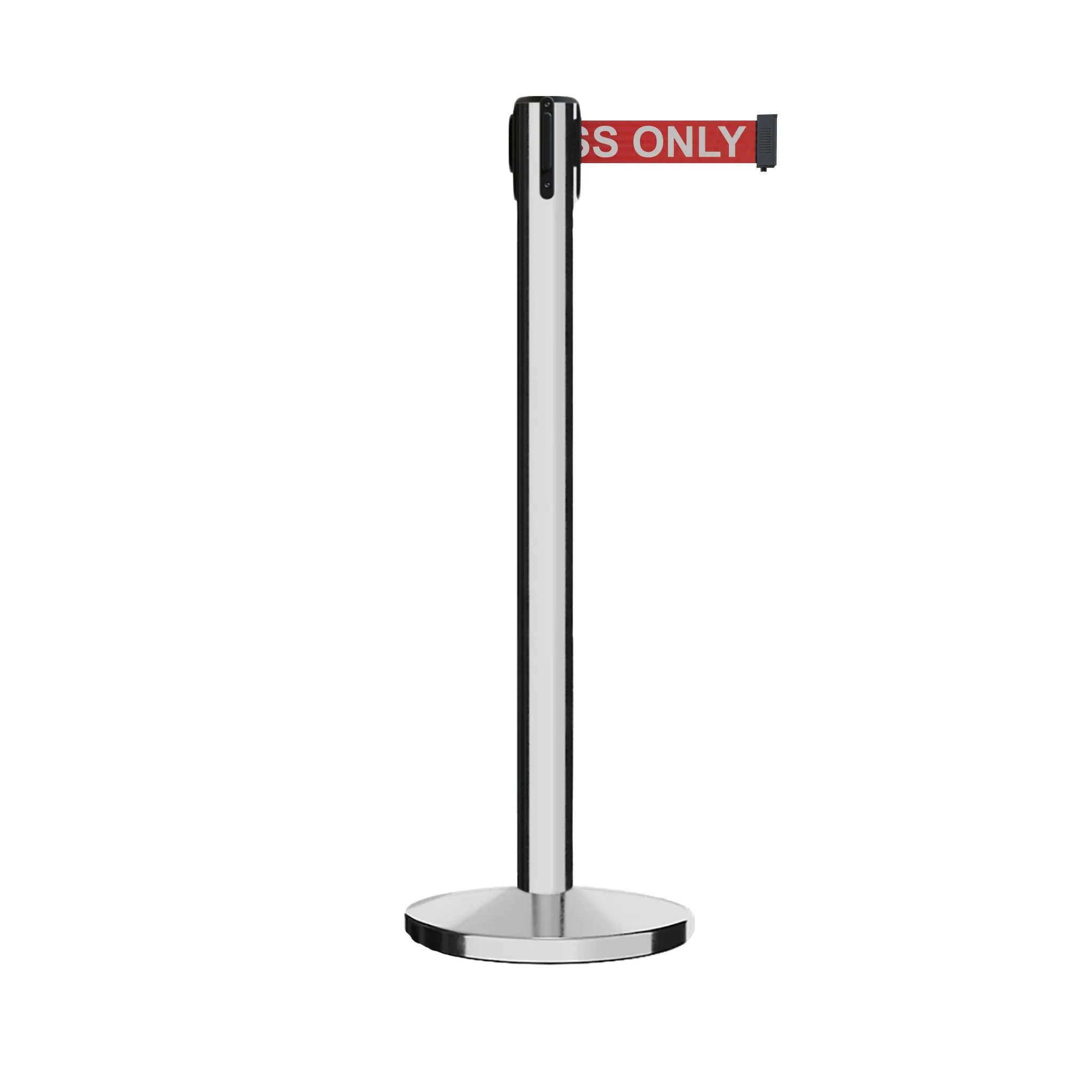 Retractable Belt Barrier Stanchion, Polished Stainless Steel Post with Heavy Duty Cast Iron Base, 14 ft Belt – Montour Line MI650