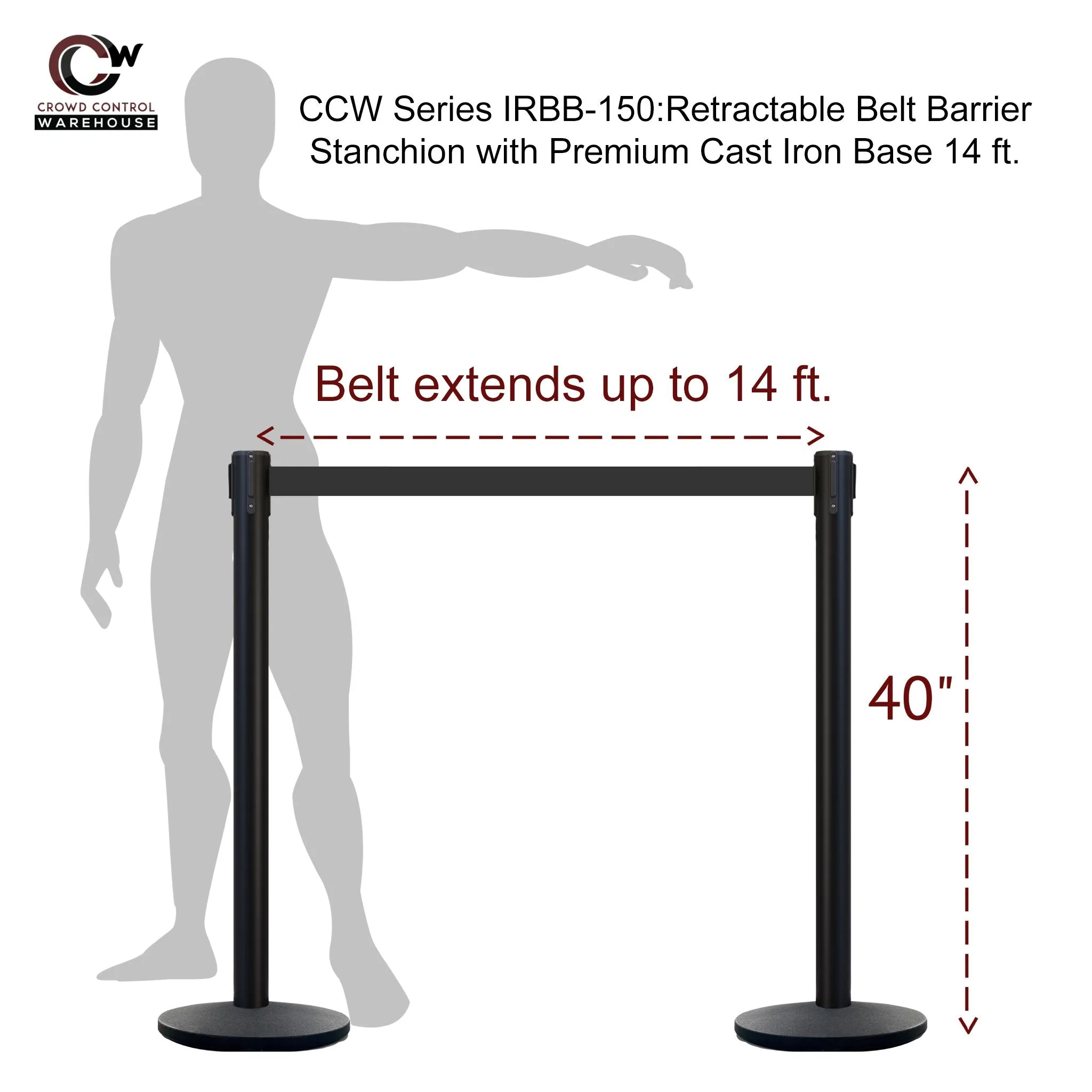 Retractable Belt Barrier Stanchion, Polished Stainless Steel Post with Heavy Duty Cast Iron Base, 14 ft Belt – Montour Line MI650