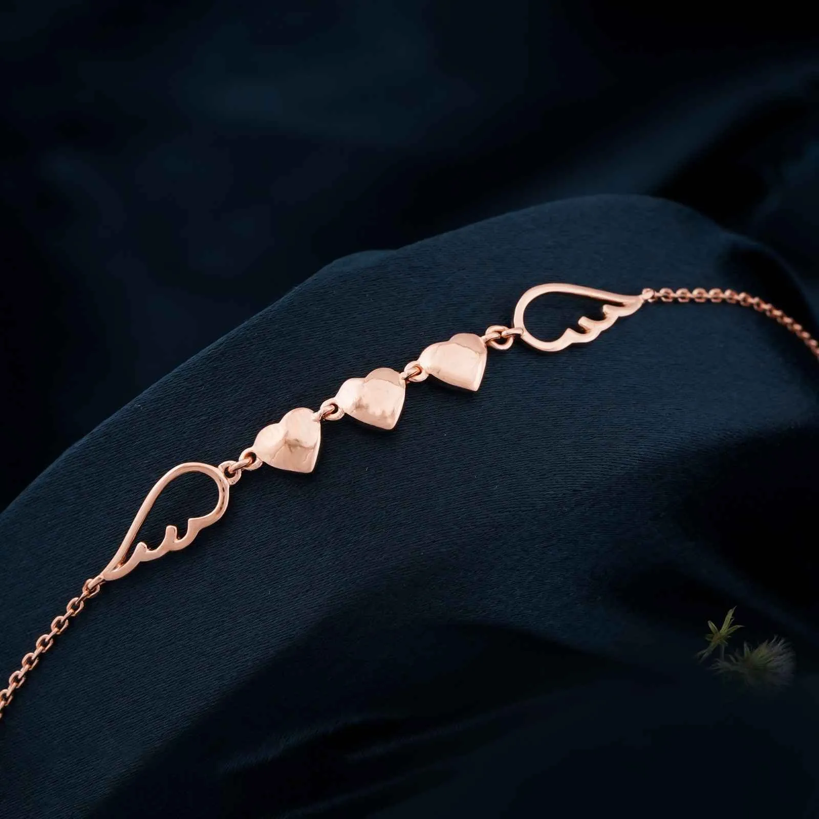 Rose Gold Triplet Heart & Wings Anklet