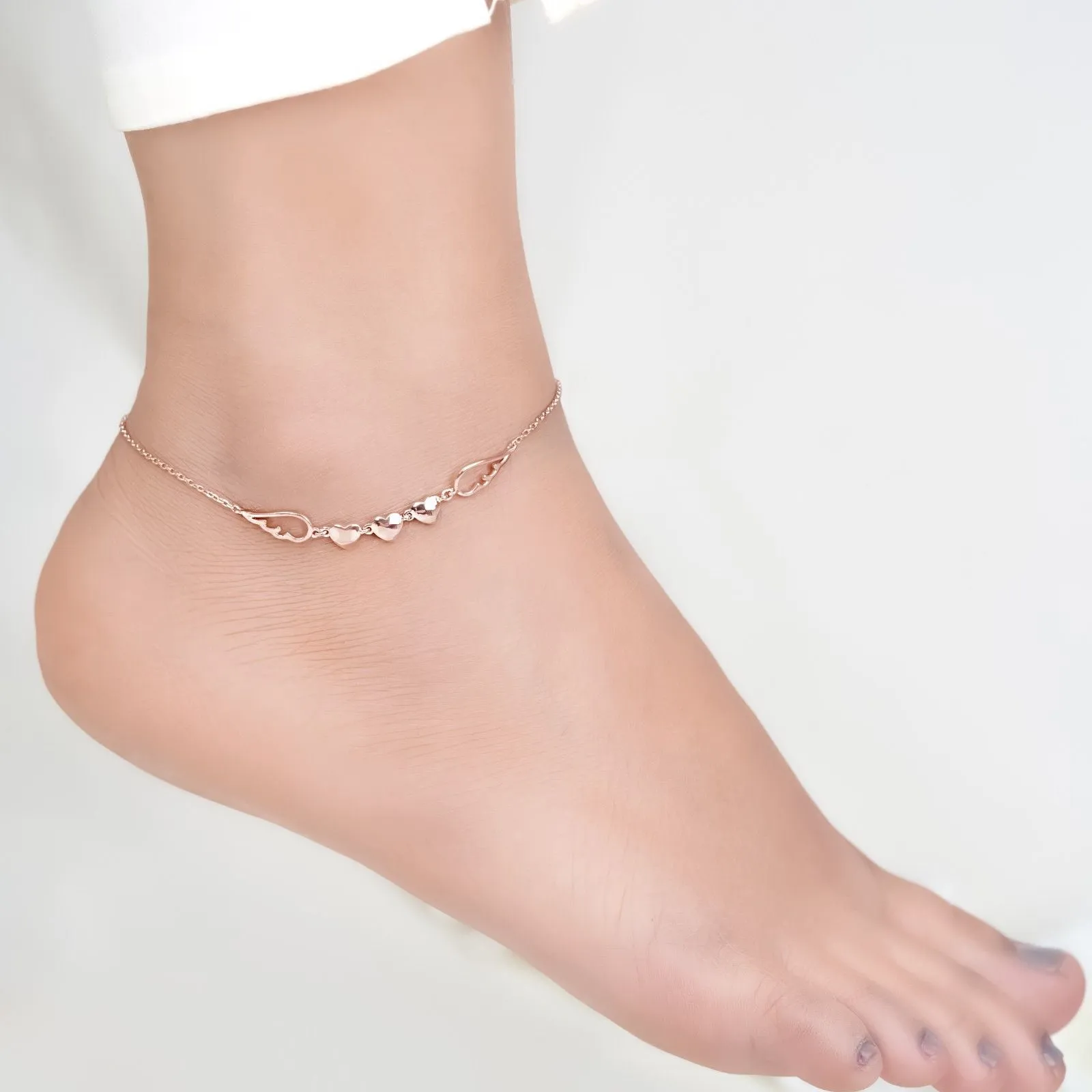 Rose Gold Triplet Heart & Wings Anklet