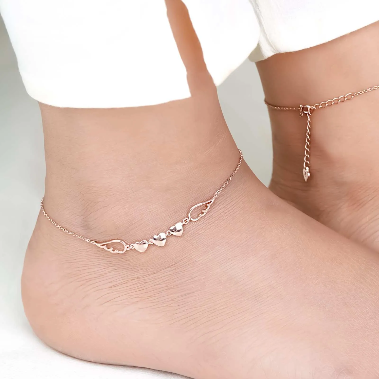 Rose Gold Triplet Heart & Wings Anklet