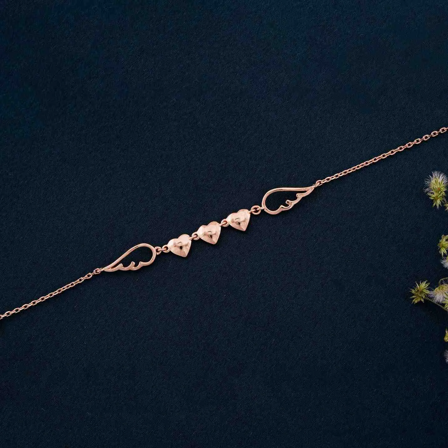 Rose Gold Triplet Heart & Wings Anklet