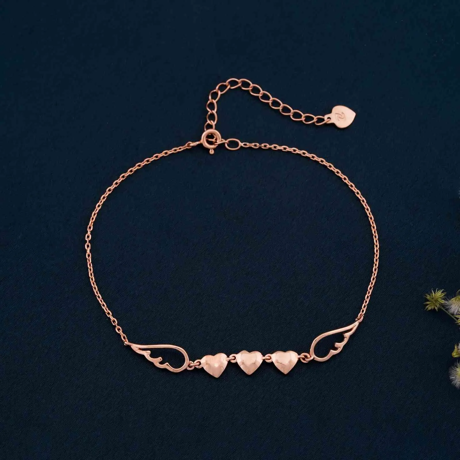 Rose Gold Triplet Heart & Wings Anklet