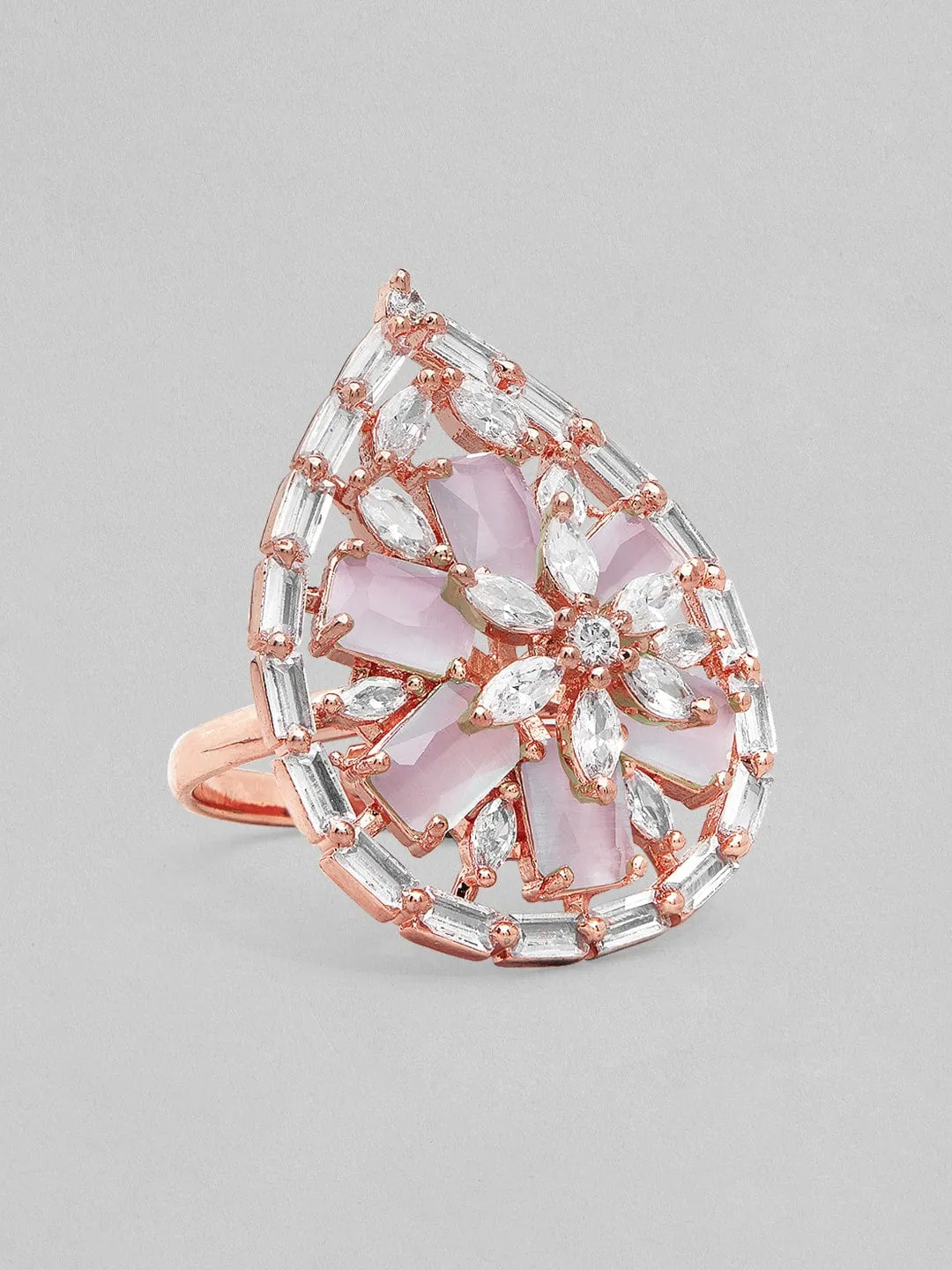 Rubans Rose Gold-Plated Pink & White AD-Studded Handcrafted Adjustable Finger Ring