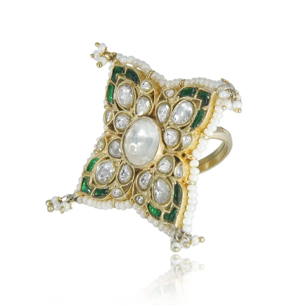 Silver Kundan Green Ring