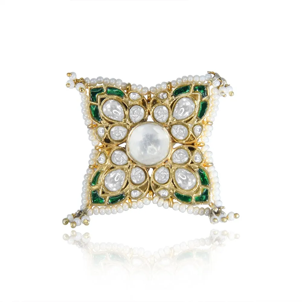 Silver Kundan Green Ring