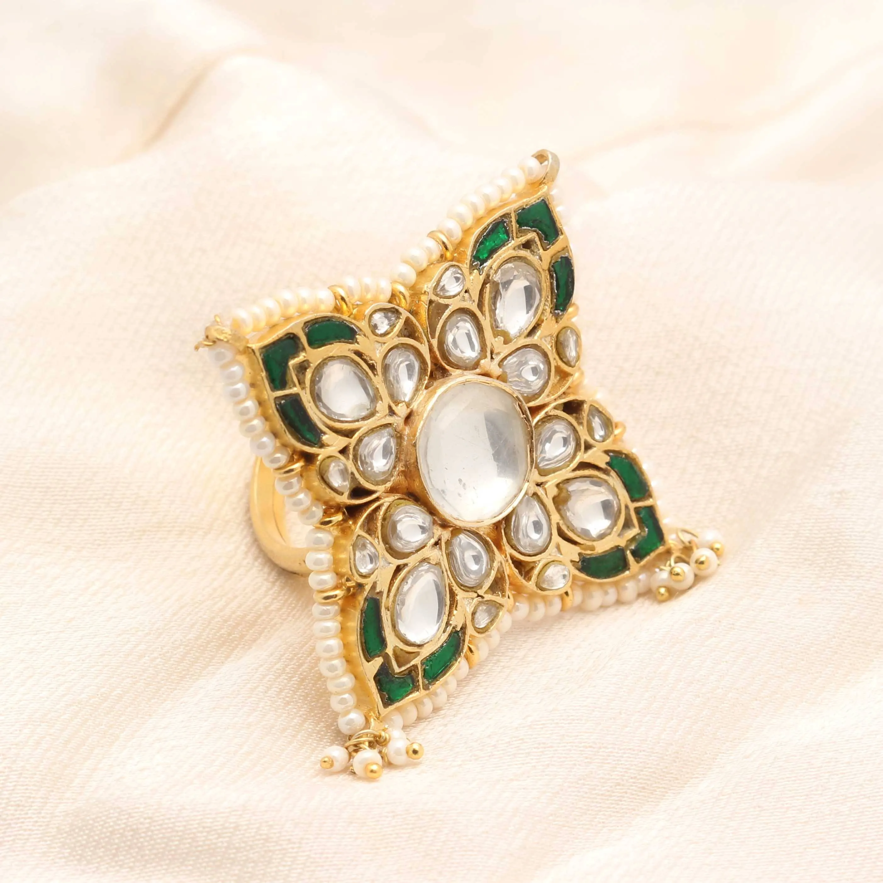 Silver Kundan Green Ring