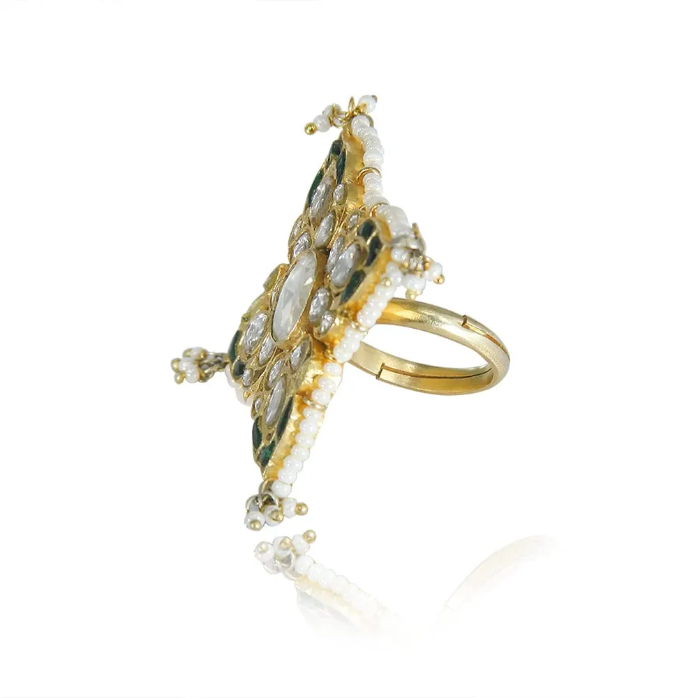 Silver Kundan Green Ring