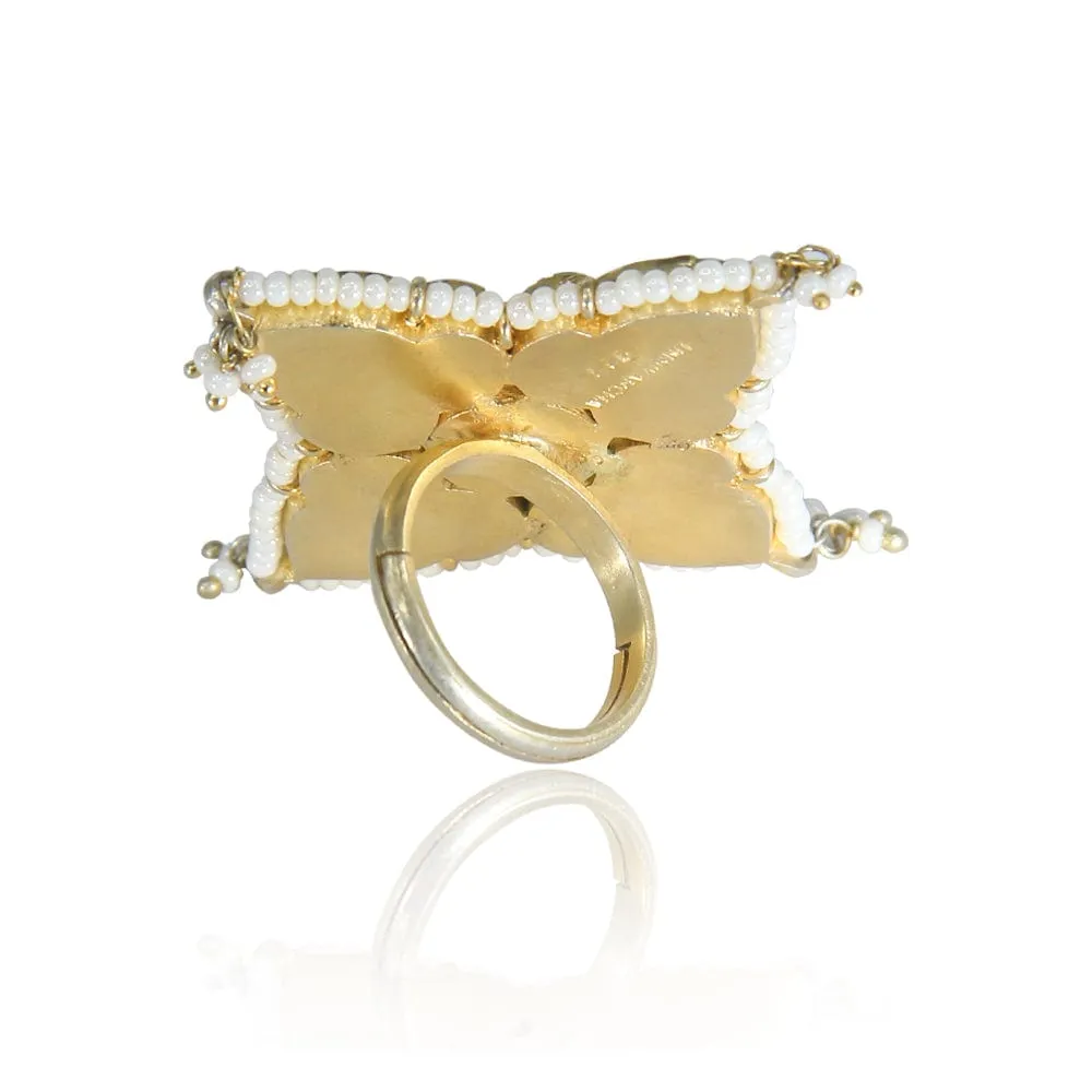 Silver Kundan Green Ring