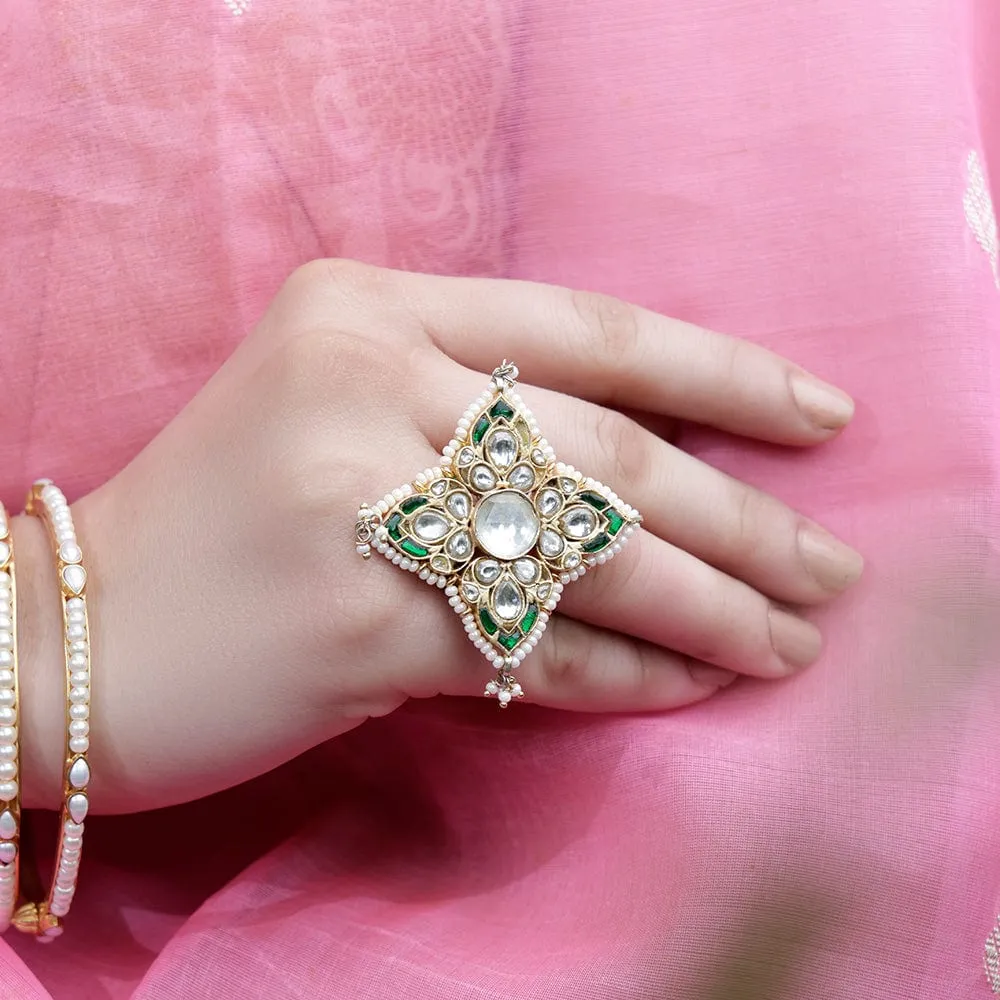 Silver Kundan Green Ring