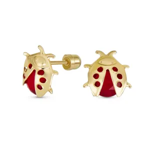 Small Delicate CZ Stud Earrings: Red Ladybird Insect, 14K Gold Fine Jewelry