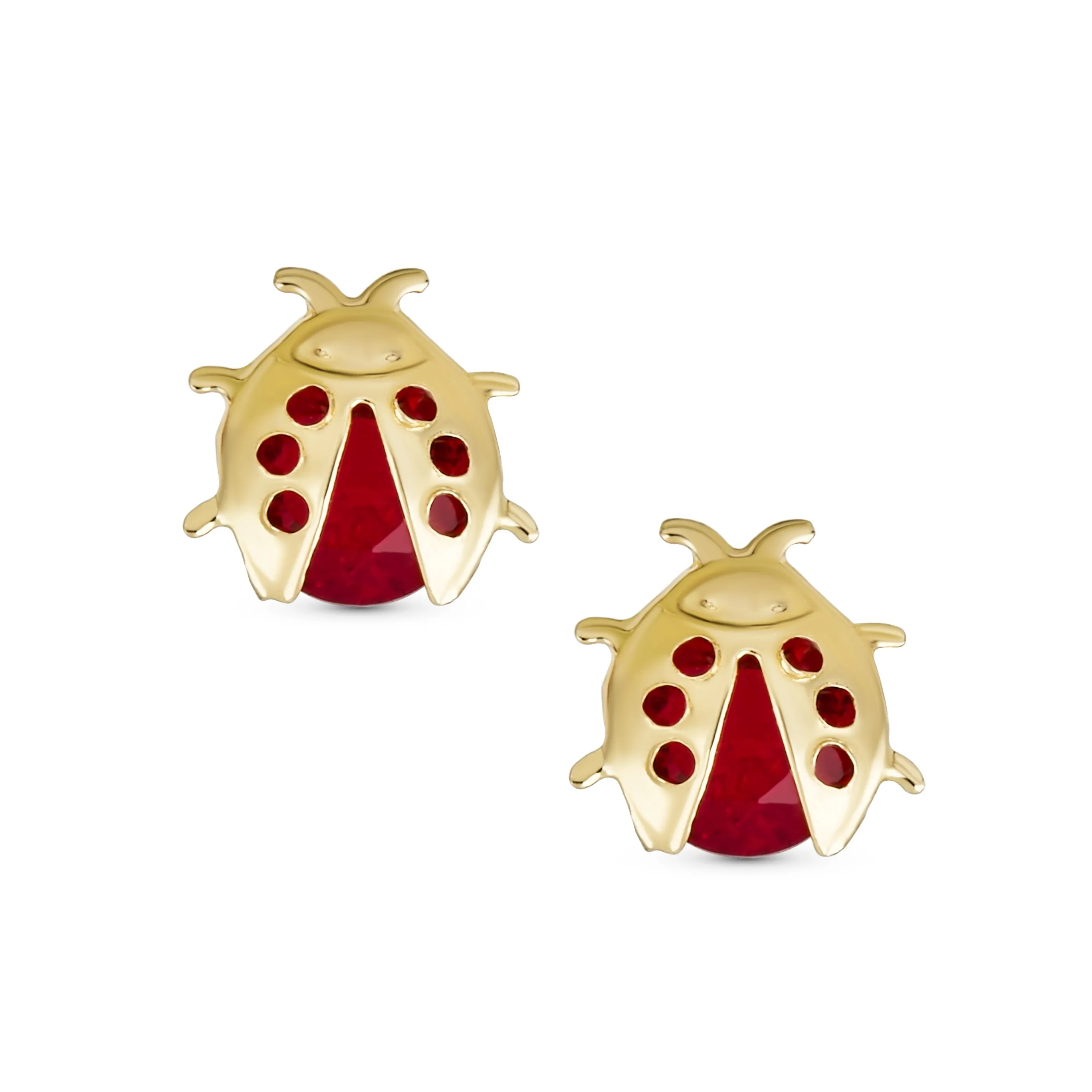 Small Delicate CZ Stud Earrings: Red Ladybird Insect, 14K Gold Fine Jewelry