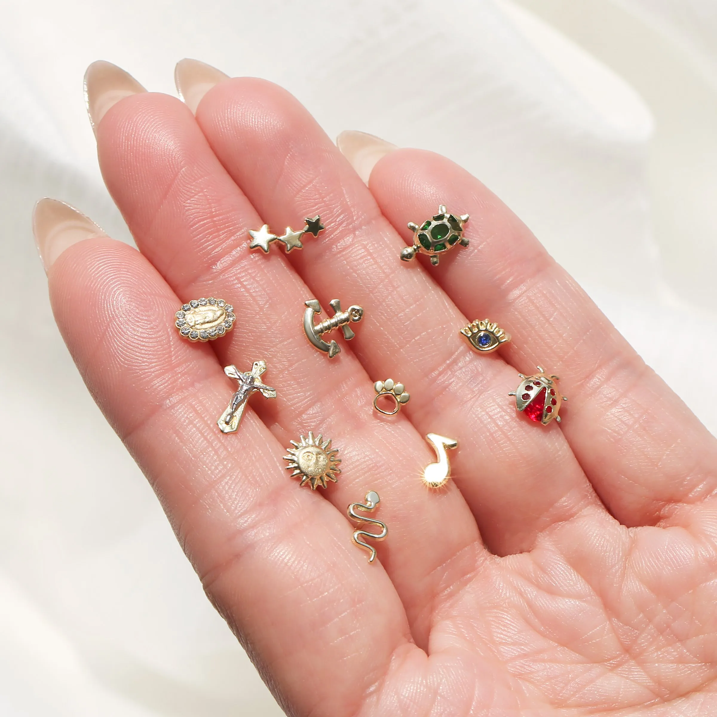 Small Delicate CZ Stud Earrings: Red Ladybird Insect, 14K Gold Fine Jewelry
