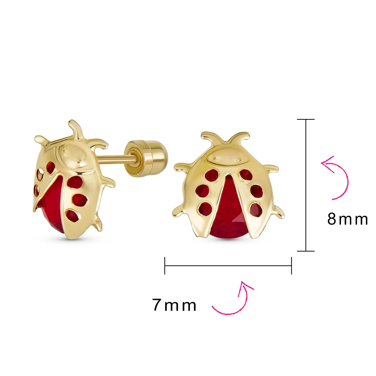 Small Delicate CZ Stud Earrings: Red Ladybird Insect, 14K Gold Fine Jewelry