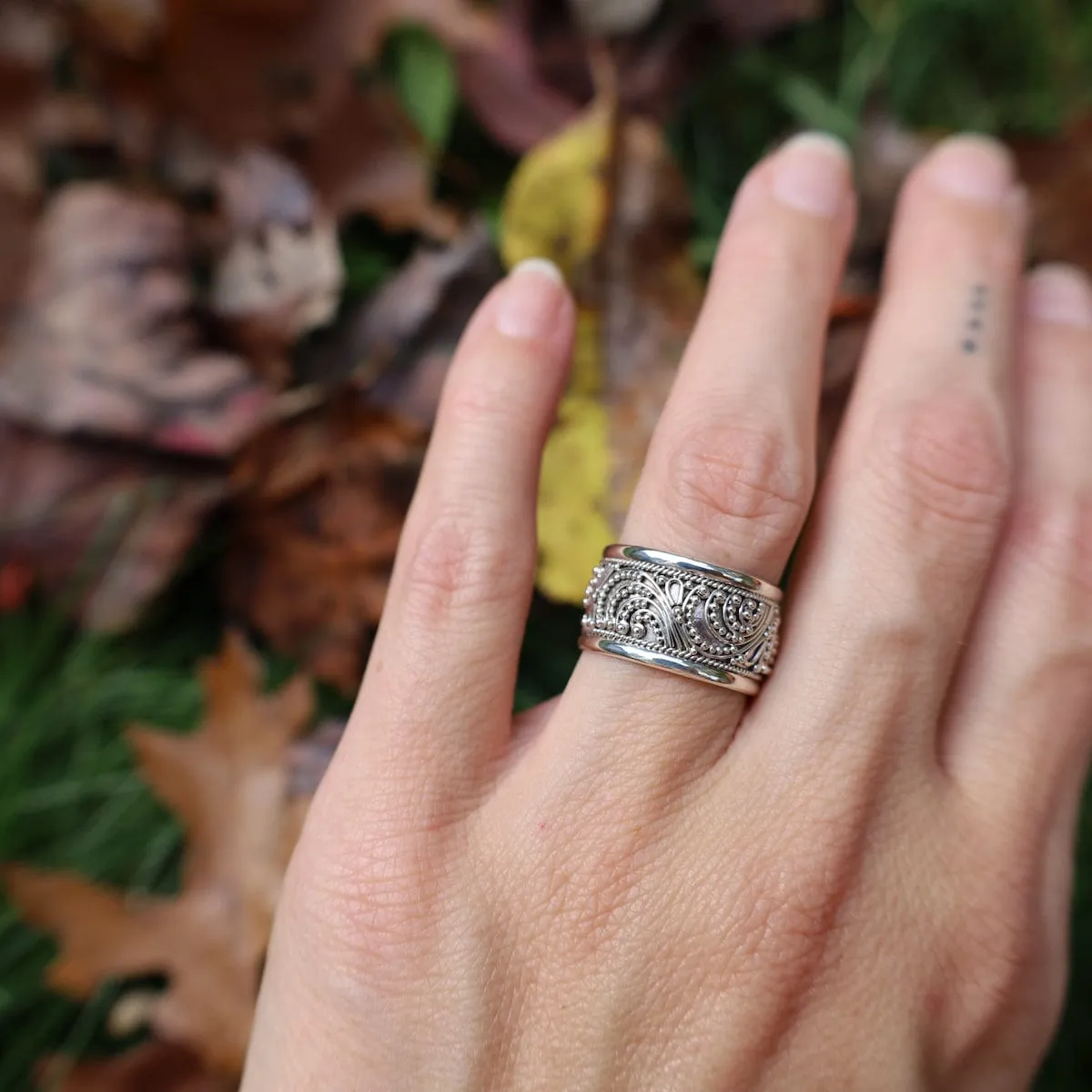 Sterling Silver Beaded Swirls Ring
