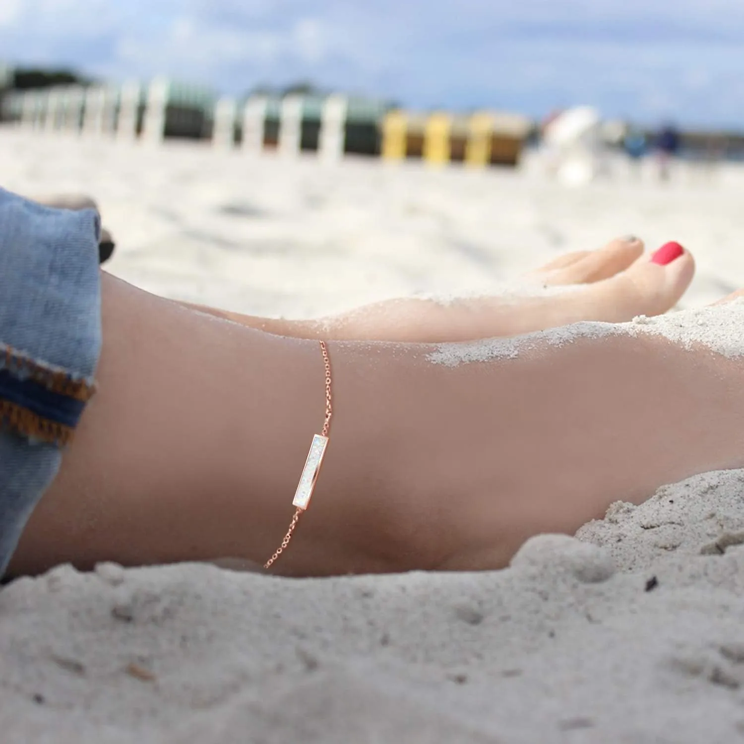 Sterling Silver Created Opal Anklets Dainty Foot Ankle Bracelets for Women
