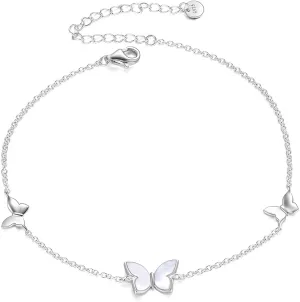 Sterling Silver Created Pearl Butterfly Jewelry Anklets for Women Birthday Gift 9" 1.5" Inches