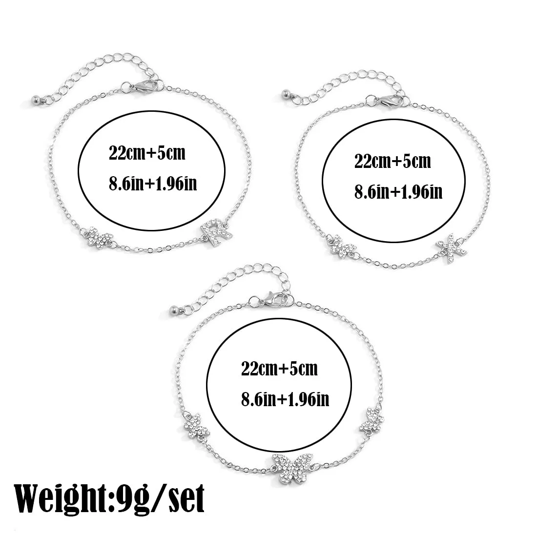 Tayel Beach Crystal Butterfly Anklets Set Letter Ankle Bracelets Party Foot Jewelry Adjustable for Women and Girls (Silver)
