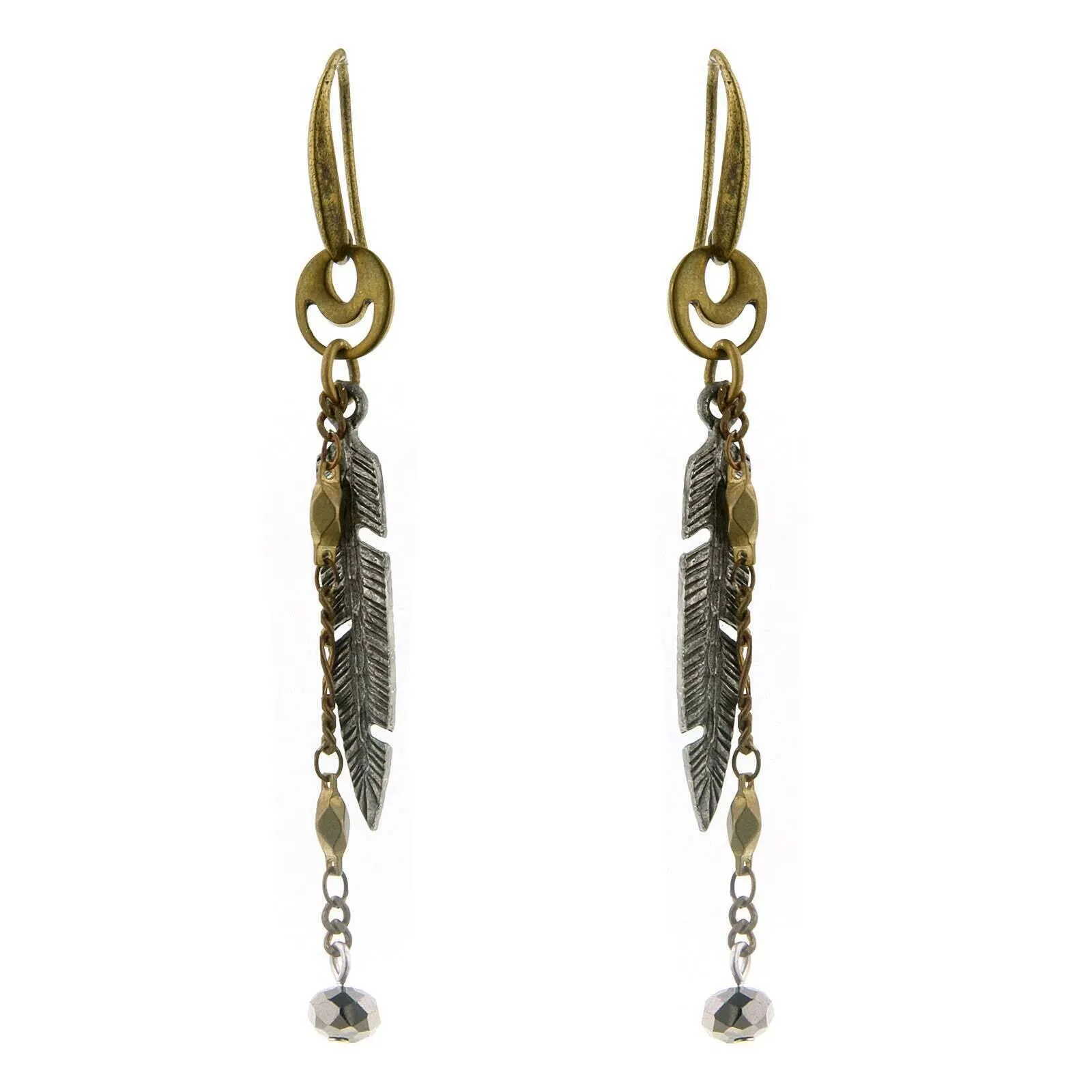 T.R.U. Two Tone Delicate Feather Drop Earrings