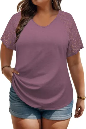 VISLILY Plus-Size-Womens-Summer-Tops Casual V-Neck T Shirts Raglan Lace Dotted Short Sleeve Tunics Cute Trendy Blouses XL-5XL