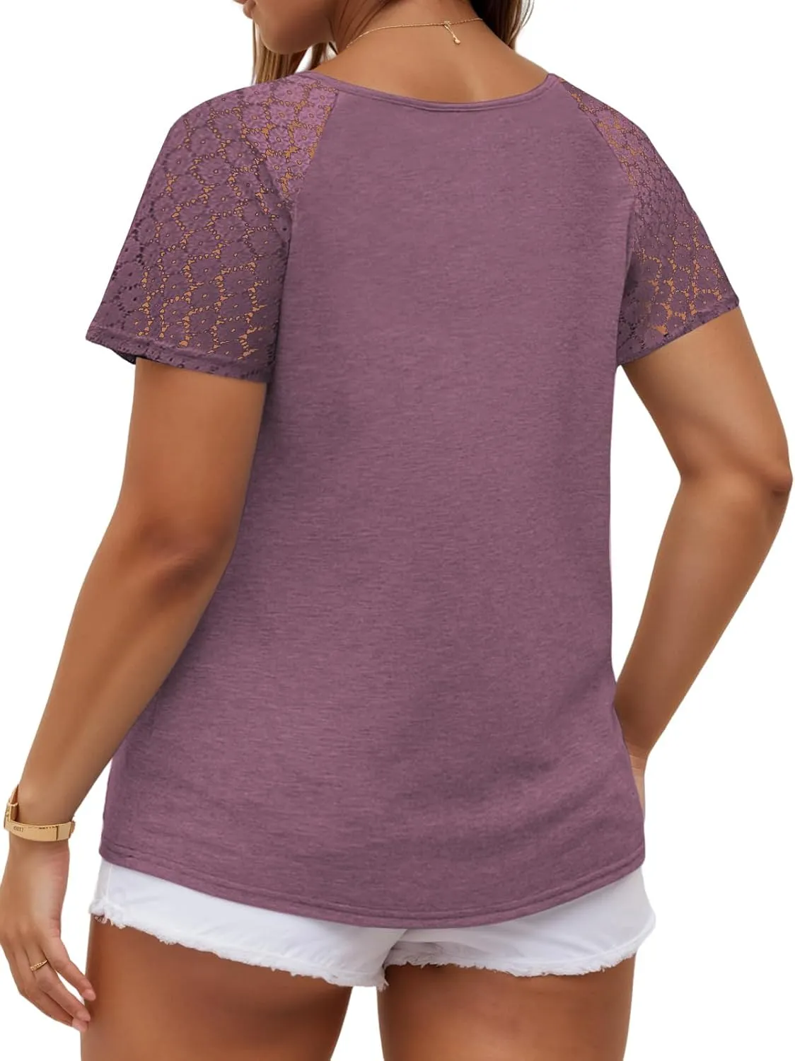 VISLILY Plus-Size-Womens-Summer-Tops Casual V-Neck T Shirts Raglan Lace Dotted Short Sleeve Tunics Cute Trendy Blouses XL-5XL