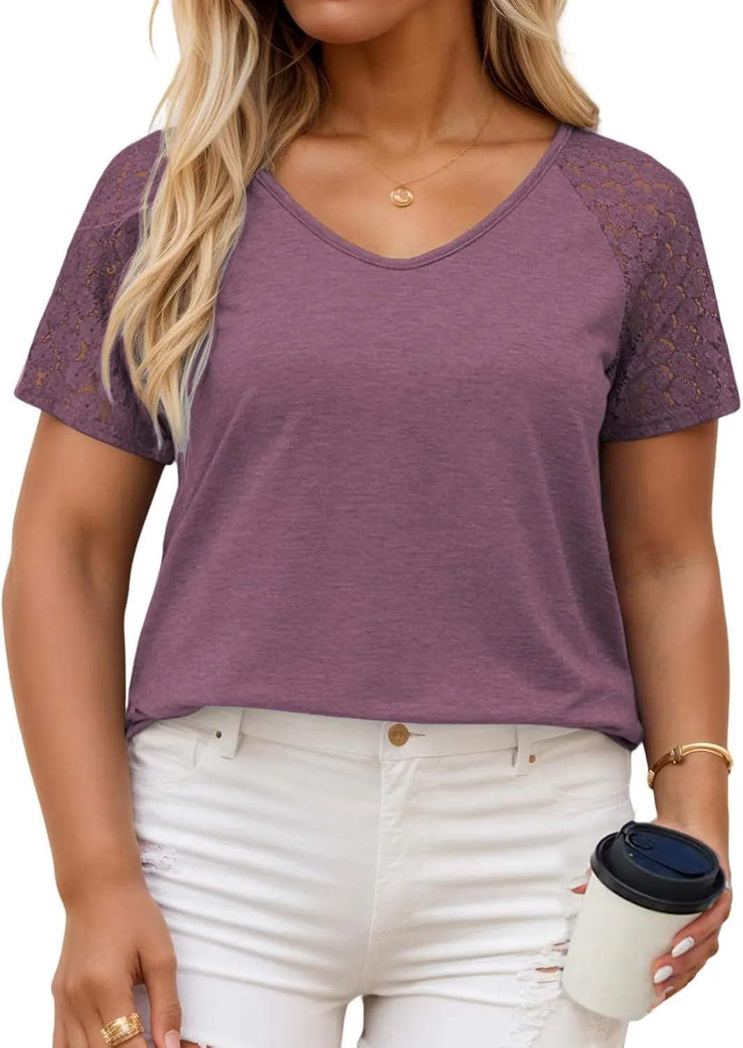 VISLILY Plus-Size-Womens-Summer-Tops Casual V-Neck T Shirts Raglan Lace Dotted Short Sleeve Tunics Cute Trendy Blouses XL-5XL