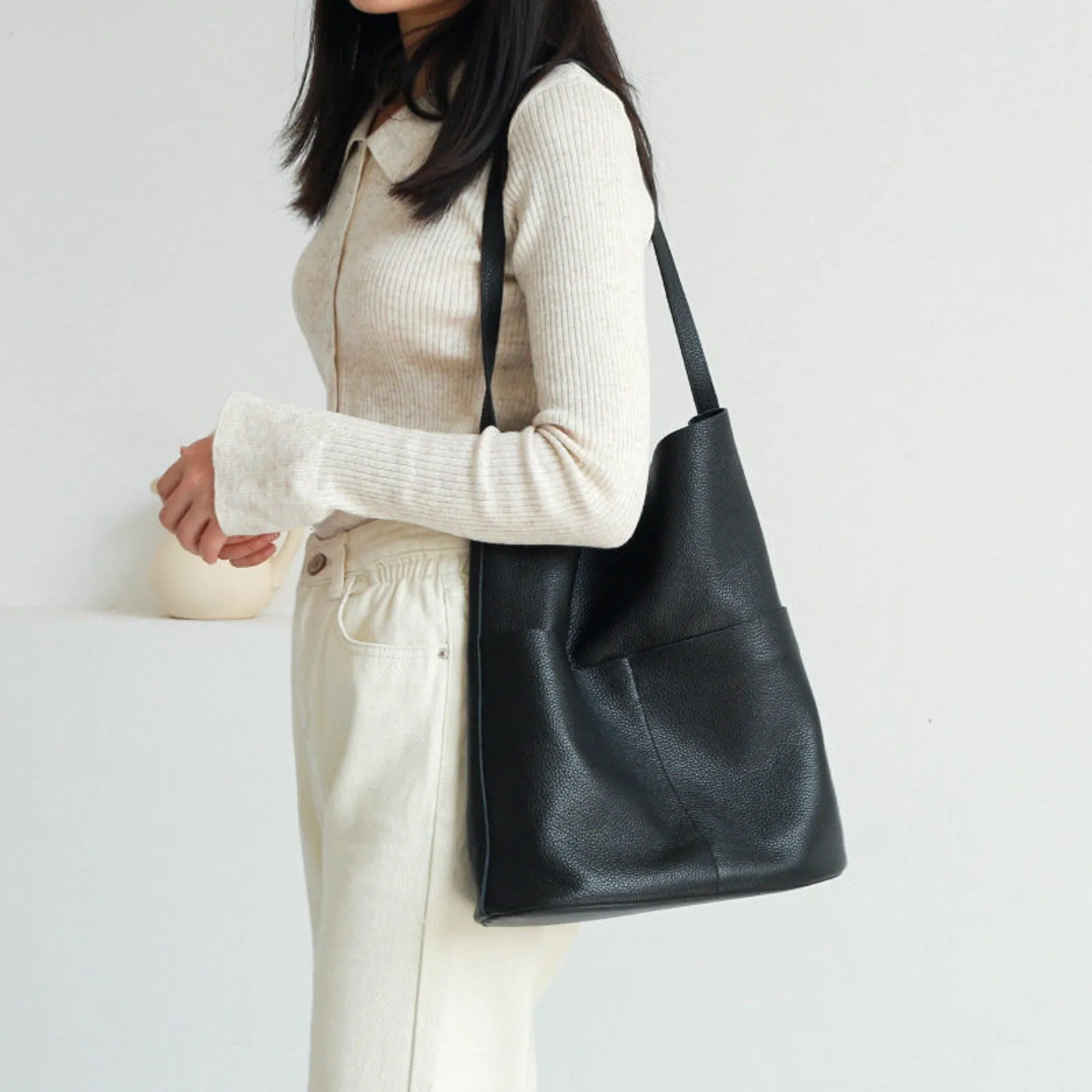 Women Handcrafted Leather Tote Bag Soft Leather Bucket Bag