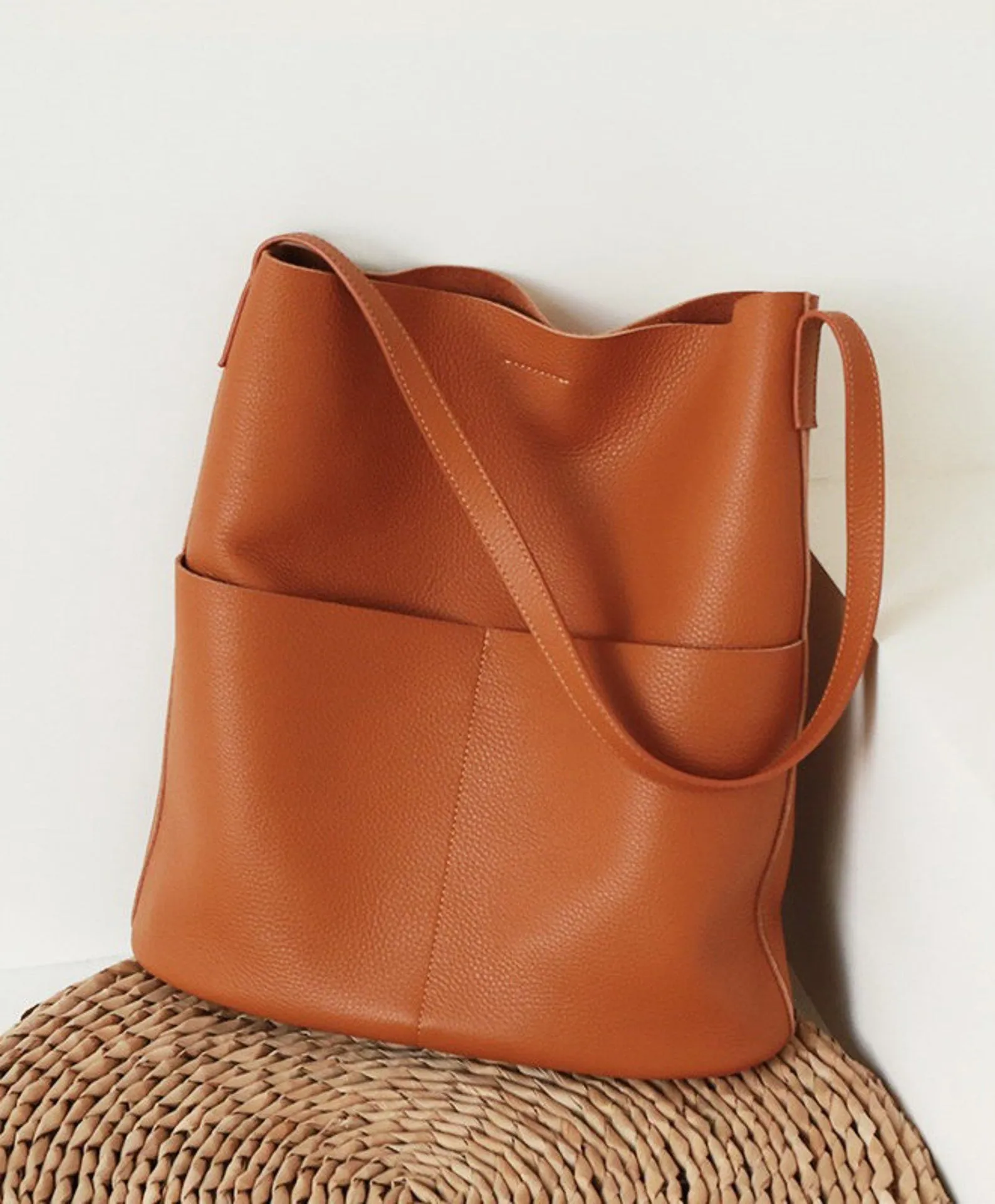Women Handcrafted Leather Tote Bag Soft Leather Bucket Bag