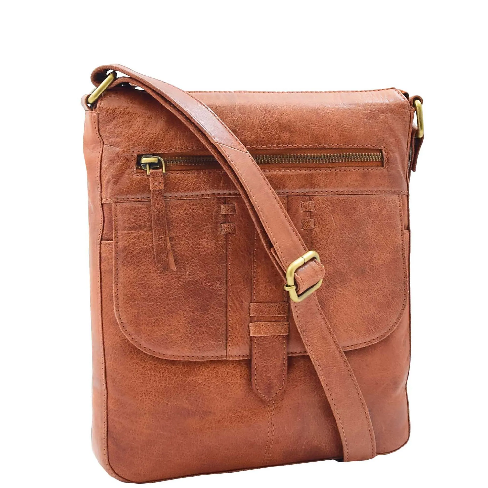 Womens Genuine Soft Vintage Leather Crossbody Messenger Bag Jill Cognac