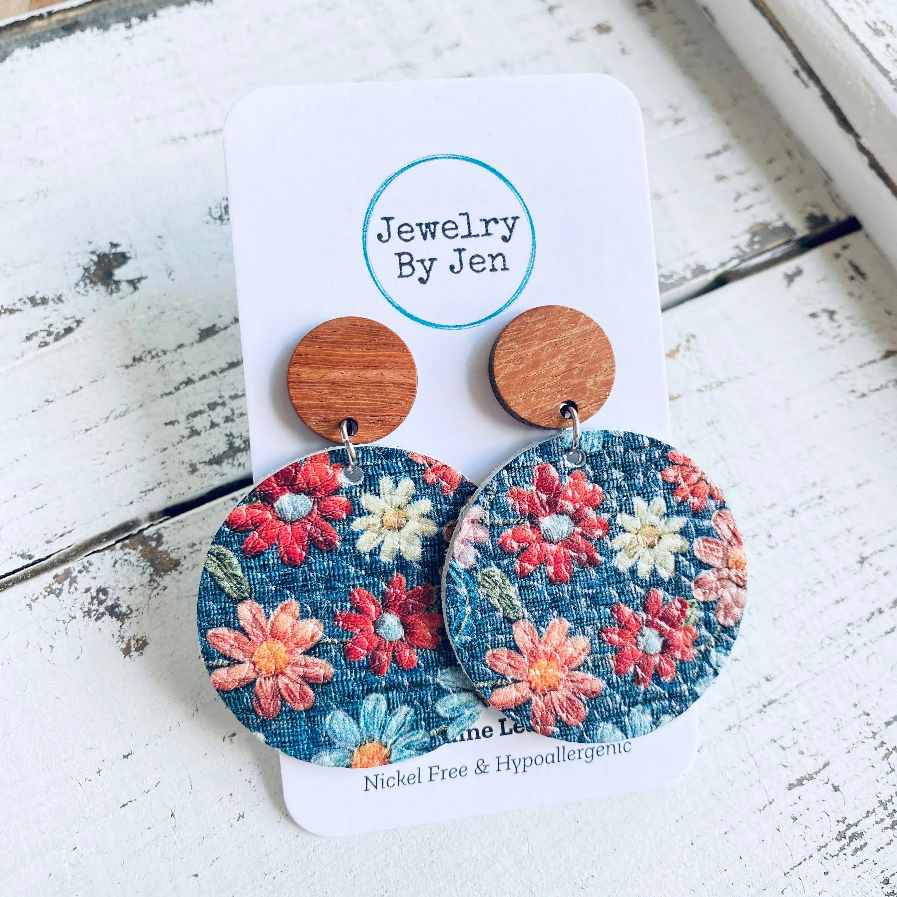 Wood Stud Earring: Daisies on Denim