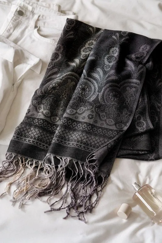 Xander Kostroma Charcoal Vintage Lace and Paisley Tassel Pashmina | 70 x 185 cm | Soft & Elegant Wool Blend Scarf | Stylish Warmth & Versatile Fashion Accessory for Women